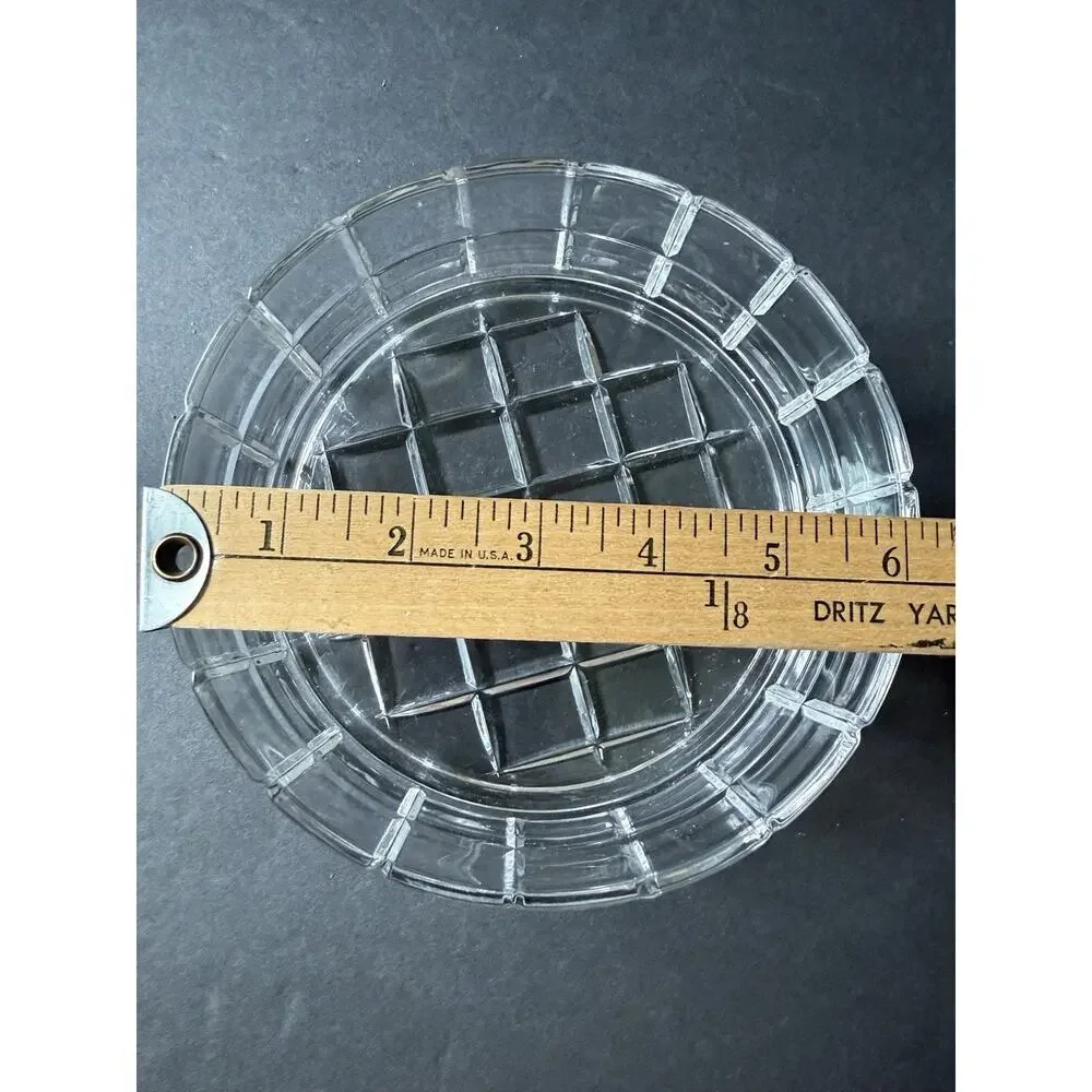 Vintage Cut Crystal Glass Tartan Pattern Bowl Clear Round Modernist Trinket Dish